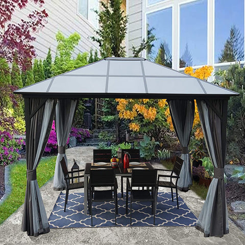 Kozyard 10ftx12ft' Polycarbonate Top Aluminum Permanent Gazebo with a Mosquito Net and Privacy Curtain
