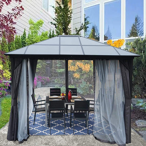 Kozyard 10ftx12ft' Polycarbonate Top Aluminum Permanent Gazebo with a Mosquito Net and Privacy Curtain