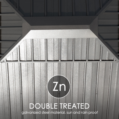 A close - up of the roof structure of an outdoor gazebo, showcasing its double - treated galvanized steel material. The text indicates that the material is zinc - treated (Zn), providing both sun and rain protection. The design features a combination of slanted and vertical panels. Durable Double - Treated Galvanized Steel Roof for Outdoor Gazebo. outdoor gazebo, double - treated galvanized steel, zinc treatment, sun protection, rain protection