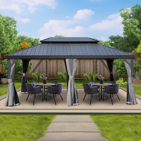 Kozyard Alexander 12' X 18' Hardtop Gazebo Aluminum Metal Gazebo with Galvanized Steel Double Roof Canopy, Curtain and Netting, Gray