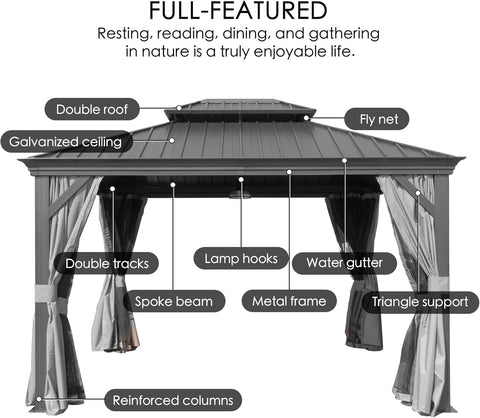 Kozyard Alexander 12' X 18' Hardtop Gazebo Aluminum Metal Gazebo with Galvanized Steel Double Roof Canopy, Curtain and Netting, Gray