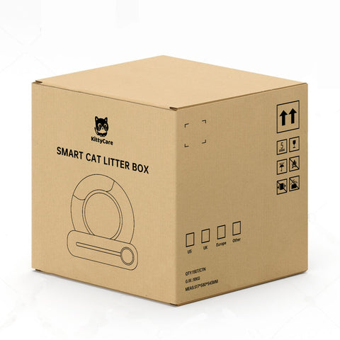 KittyCare Smart Cat Litter Box Packaging - Ready for Delivery. Cardboard Box for KittyCare Automatic Cat Litter Cleaner. KittyCare: Packaging for Smart Cat Litter Box. Shipping Box of KittyCare Automatic Cat Litter Solution.KittyCare, smart cat litter box, automatic cat litter box, packaging box, cat litter box packaging, pet product packaging.