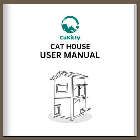 CuKitty cat house user manual cover with a cat silhouette logo and product illustration. CuKitty cat house, user manual, cat silhouette, pet product guide.
CuKitty Cat House User Manual - Pet Product Guide. CuKitty cat house, user manual, cat silhouette, pet product guide, cat shelter.