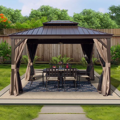 Kozyard Alexander 10' X 12' Hardtop Gazebo, Aluminum Metal Gazebo with Galvanized Steel Double Roof Canopy, Curtain and Netting, Brown