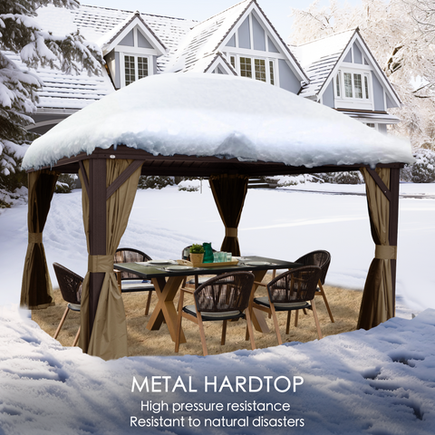 Kozyard Alexander 10' X 12' Hardtop Gazebo, Aluminum Metal Gazebo with Galvanized Steel Double Roof Canopy, Curtain and Netting, Brown