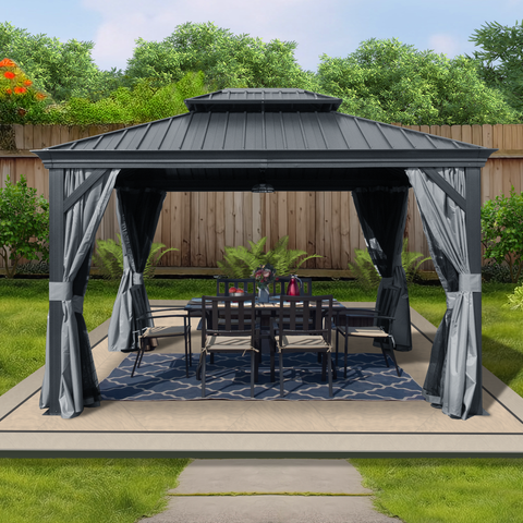Kozyard Alexander Aluminum Double Roof Hardtop Gazebo with Drainage Gutters Curtain and Netting