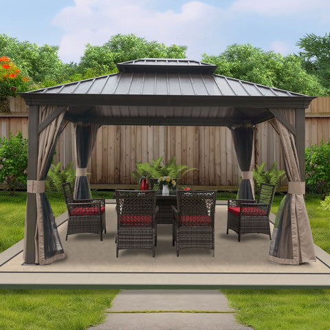 Kozyard Alexander 12' X 12' Hardtop Gazebo, Aluminum Metal Gazebo with Galvanized Steel Double Roof Canopy, Curtain and Netting, Permanent Gazebo Pavilion for Patio, Backyard, Deck, Lawn (Brown)