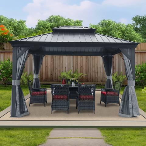 Kozyard Alexander 12' X 12' Hardtop Gazebo, Aluminum Metal Gazebo with Galvanized Steel Double Roof Canopy, Curtain and Netting, Gray