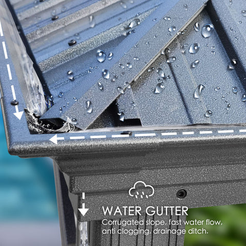 Close - up of a gazebo's water gutter system showing water droplets, with features like corrugated slope, fast water flow, anti - clogging, and drainage ditch. Detailed view of a gazebo's water management system highlighting the water gutter with its efficient water - flowing design. Efficient Water Gutter System of Gazebo: Fast Flow & Anti - Clogging. Gazebo Water Gutter: Corrugated Slope for Effective Drainage. gazebo water gutter, corrugated slope, fast water flow, anti - clogging, drainage ditch, gazebo