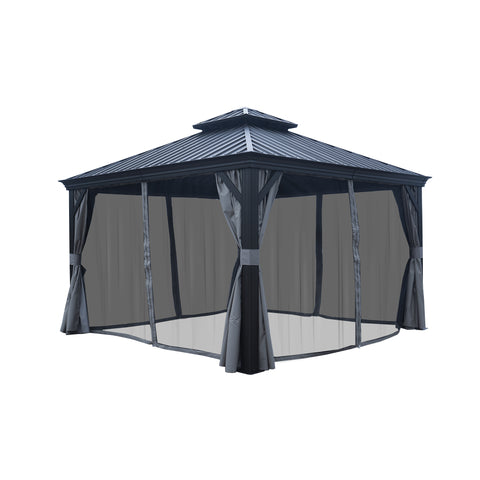 Elegant Octagonal Gazebo with Mesh Sides and Gray Curtains. Stylish Outdoor Gazebo with Metal Roof and Enclosed Screens. Charming Octagonal Outdoor Gazebo for Relaxation. Stylish Metal - Roofed Gazebo with Curtains and Screens. outdoor gazebo, octagonal gazebo, metal - roofed gazebo, mesh - screened gazebo, gray curtains, patio gazebo
