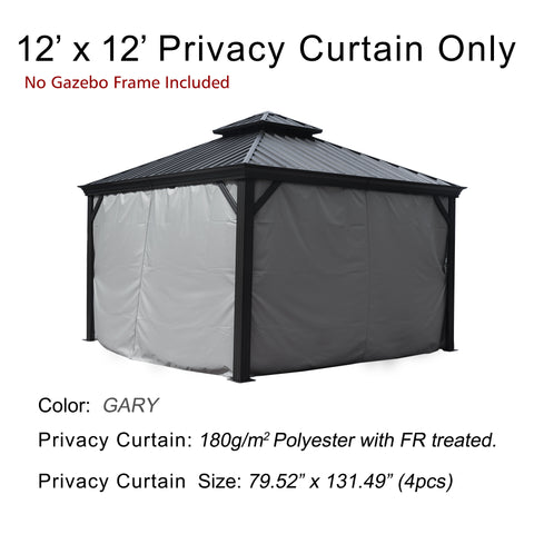 A set of gray privacy curtains designed for a 12'x12' outdoor gazebo. The text at the top states that only the privacy curtains are included, not the gazebo frame. The curtains are made of 180g/m² polyester with fire - retardant (FR) treatment. Each curtain measures 79.52 inches by 131.49 inches, and there are four curtains in total. Gray Fire - Retardant Privacy Curtains for 12'x12' Outdoor Gazebo (Frame Not Included). outdoor gazebo, 12x12 gazebo, gray privacy curtains, fire - retardant polyester