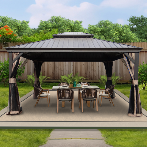 Kozyard Alexander Aluminum Double Roof Hardtop Gazebo with Drainage Gutters Curtain and Netting