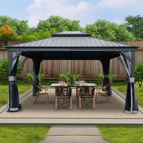 Kozyard Alexander Aluminum Double Roof Hardtop Gazebo with Drainage Gutters Curtain and Netting