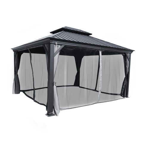 An outdoor hardtop gazebo with a dark - hued metal roof, surrounded by mosquito netting and grey - toned curtains that are tied back. The netting serves as a protective barrier against insects, making the gazebo a comfortable spot for outdoor relaxation.Outdoor Gazebo with Insect - Repellent Netting and Grey Curtains. outdoor gazebo, hardtop gazebo, mosquito netting, grey curtains, insect protection.