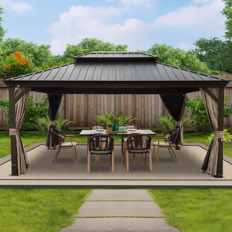 Kozyard Alexander 12' X 16' Hardtop Gazebo, Aluminum Metal Gazebo with Galvanized Steel Double Roof Canopy, Curtain and Netting Brown