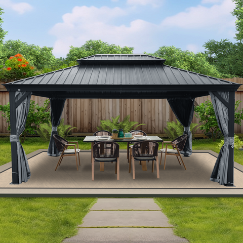 Kozyard Alexander Aluminum Double Roof Hardtop Gazebo with Drainage Gutters Curtain and Netting