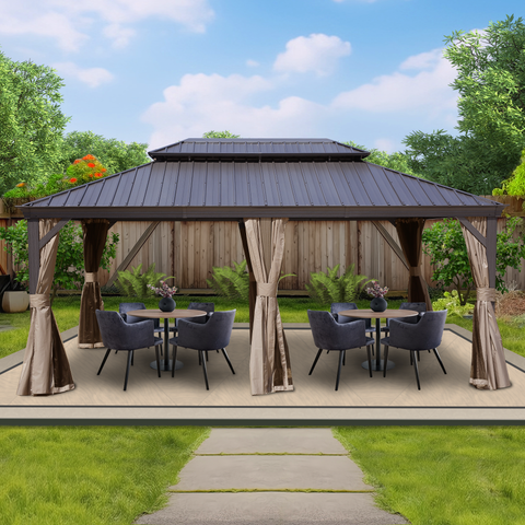 Kozyard Alexander 12' X 18' Hardtop Gazebo, Aluminum Metal Gazebo with Galvanized Steel Double Roof Canopy, Curtain and Netting, Brown