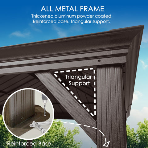 A close - up view of an outdoor gazebo's metal frame, highlighting its structural features. The frame is made of thickened aluminum with a powder - coated finish. Key elements like the triangular support and reinforced base are pointed out, emphasizing the durability and stability of the structure. The text at the top reads "ALL METAL FRAME" and describes the frame as thickened aluminum powder - coated, with a reinforced base and triangular support. Durable All - Metal Frame of Outdoor Gazebo.