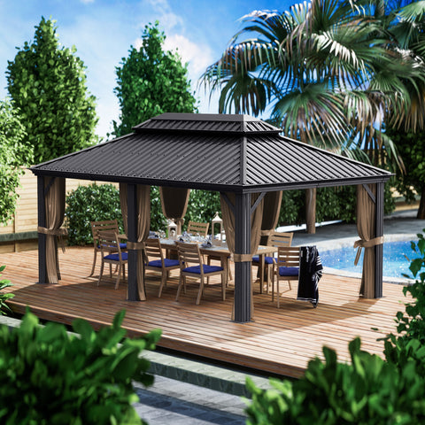 Kozyard Alexander 12' X 18' Hardtop Gazebo Aluminum Metal Gazebo with Galvanized Steel Double Roof Canopy, Curtain and Netting, Gray