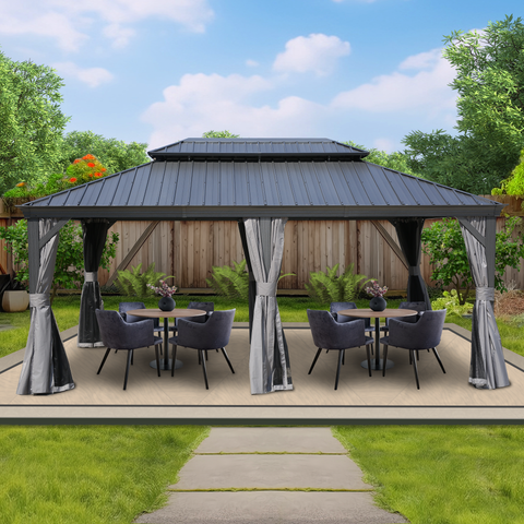 Kozyard Alexander Aluminum Double Roof Hardtop Gazebo with Drainage Gutters Curtain and Netting