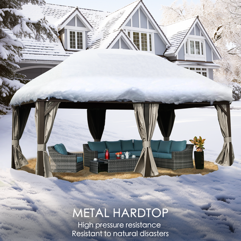 Kozyard Alexander 12' X 20' Hardtop Gazebo, Aluminum Metal Gazebo with Galvanized Steel Double Roof Canopy, Curtain and Netting,Brown