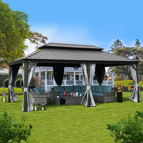 Kozyard Alexander 12' X 20' Hardtop Gazebo Aluminum Metal Gazebo with Galvanized Steel Double Roof Canopy, Curtain and Netting, Gray