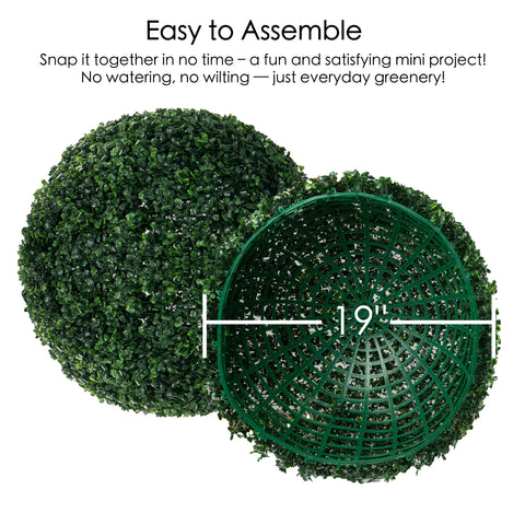 Two artificial topiary balls, each with a diameter of 19 inches, shown with one partially disassembled to reveal its internal structure. They are easy to assemble, requiring no watering or maintenance, perfect for adding greenery indoors or outdoors. Artificial Topiary Balls - Easy to Assemble Faux Green Spheres. Artificial Topiary Balls - Easy to Assemble Faux Green Spheres. Artificial topiary balls, faux green plant spheres, easy to assemble.