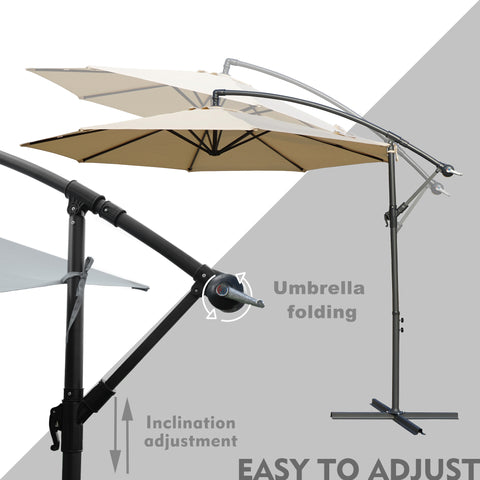 Visual guide highlighting the adjustable features of a beige patio umbrella. It shows the umbrella in an extended position with details on how to adjust the inclination and fold the canopy, emphasizing its user - friendly design. Beige Patio Umbrella: Effortless Adjustment Features. Outdoor Umbrella: Easy Inclination Adjustment and Folding. beige patio umbrella, outdoor umbrella, adjustable umbrella, inclination adjustment, umbrella folding, easy - to - use.