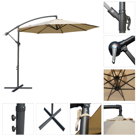 A collection of images showcasing a beige cantilever patio umbrella from various angles, along with close - up shots of its adjustable components, frame structure, and canopy details.
Beige Cantilever Patio Umbrella: Features and Details. Explore the Beige Outdoor Umbrella: Adjustable Parts and Structure. beige patio umbrella, cantilever umbrella, outdoor umbrella, umbrella features, adjustable components, umbrella structure.