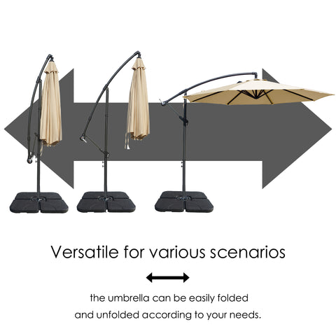 Images demonstrating the folding and unfolding process of a beige cantilever patio umbrella, highlighting its versatility for different scenarios. Versatile Cantilever Umbrella: Easy to Fold and Unfold.Adjustable Patio Umbrella: Adaptable for Different Scenarios.cantilever umbrella, patio umbrella, versatile umbrella, easy - fold umbrella, adjustable umbrella, outdoor umbrella