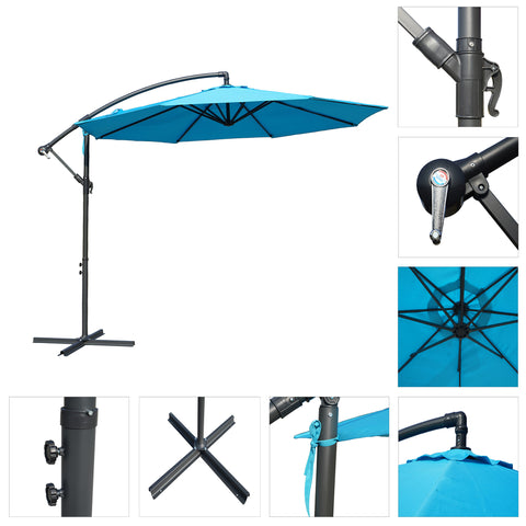 A collection of images showcasing a blue cantilever patio umbrella from various angles, along with close - up shots of its adjustable components, frame structure, and canopy details.
Blue Cantilever Patio Umbrella: Features and Details. Explore the Blue Outdoor Umbrella: Adjustable Parts and Structure. blue patio umbrella, cantilever umbrella, outdoor umbrella, umbrella features, adjustable components, umbrella structure.