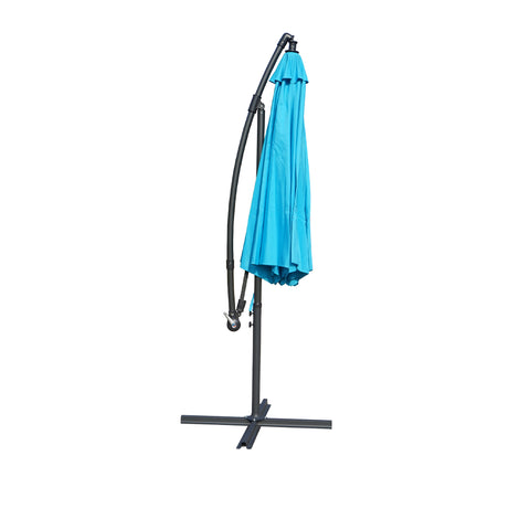 Side - view image of a collapsed blue outdoor offset umbrella supported by a black frame and base. The umbrella is bundled up, indicating it is ready for storage or transport. Folded Blue Cantilever Patio Umbrella: Compact and Ready for Storage. Collapsed Blue Outdoor Umbrella: Space - Saving Design. blue patio umbrella, cantilever umbrella, folded umbrella, outdoor umbrella, compact umbrella, umbrella storage