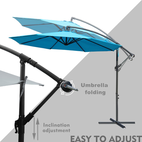 Visual guide highlighting the adjustable features of a blue patio umbrella. It shows the umbrella in an extended position with details on how to adjust the inclination and fold the canopy, emphasizing its user - friendly design. Blue Patio Umbrella: Effortless Adjustment Features. Outdoor Umbrella: Easy Inclination Adjustment and Folding. blue patio umbrella, outdoor umbrella, adjustable umbrella, inclination adjustment, umbrella folding, easy - to - use.