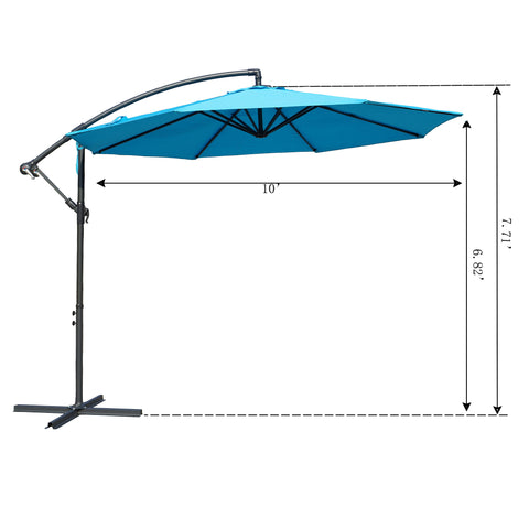 A side - view diagram of a 10 - foot blue cantilever patio umbrella with measurements. The height of the pole is 7.71 feet and the height from the base to the bottom of the canopy is 6.82 feet. The umbrella is mounted on a black base.0 - Foot Blue Cantilever Patio Umbrella Dimensions. Outdoor Offset Umbrella: Blue Canopy with Size Details. Cantilever umbrella, patio umbrella, outdoor umbrella, blue umbrella, 10 - foot canopy, umbrella dimensions.