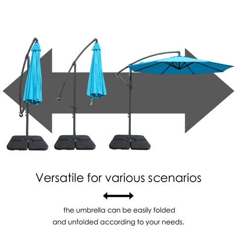 Images demonstrating the folding and unfolding process of a blue cantilever patio umbrella, highlighting its versatility for different scenarios. Versatile Cantilever Umbrella: Easy to Fold and Unfold.Adjustable Patio Umbrella: Adaptable for Different Scenarios.cantilever umbrella, patio umbrella, versatile umbrella, easy - fold umbrella, adjustable umbrella, outdoor umbrella