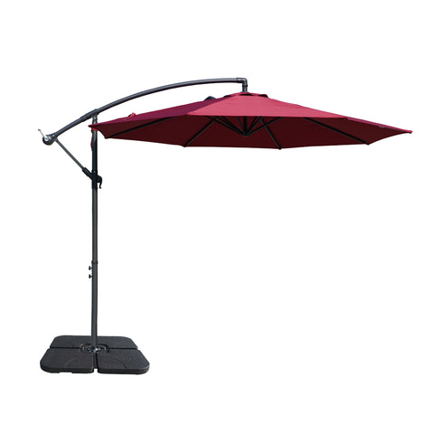 Red Cantilever Patio Umbrella with Weighted Base. Red cantilever patio umbrella with a sturdy weighted base, perfect for outdoor shade and garden decor. Cantilever umbrella, patio umbrella, outdoor shade, garden decor, red umbrella, weighted base.