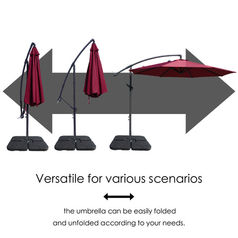 Images demonstrating the folding and unfolding process of a red cantilever patio umbrella, highlighting its versatility for different scenarios. Versatile Cantilever Umbrella: Easy to Fold and Unfold.Adjustable Patio Umbrella: Adaptable for Different Scenarios.cantilever umbrella, patio umbrella, versatile umbrella, easy - fold umbrella, adjustable umbrella, outdoor umbrella