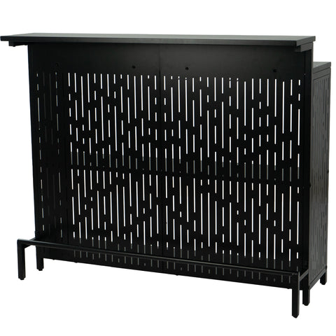 A sleek black bar table with a perforated metal design, featuring an extended countertop and a lower shelf. Ideal for indoor or outdoor entertaining, it combines modern aesthetics with functionality. Sleek Black Perforated Metal Bar Table. Bar table, black, perforated metal, modern design.
