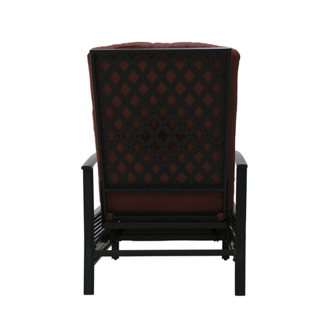 A red-cushioned outdoor reclining chair viewed from the back. The chair features a black lattice-patterned metal frame, providing both style and support. The cushioning appears plush, ensuring comfort for outdoor relaxation.
Red-Cushioned Outdoor Reclining Chair with Lattice Back.
red-cushioned outdoor chair, lattice-patterned frame, outdoor reclining chair, outdoor relaxation