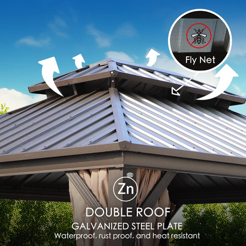 Kozyard Caesar Hardtop Gazebo - Permanent Metal Pavilion with Netting and Shaded Curtains for Patio, Backyard, Deck