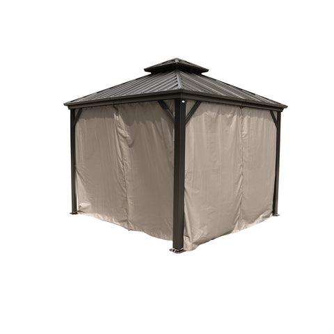 Octagonal Gazebo with Enclosure
An octagonal gazebo featuring a metal roof and a beige enclosure, providing privacy and protection. Keywords: octagonal gazebo, metal roof, enclosure