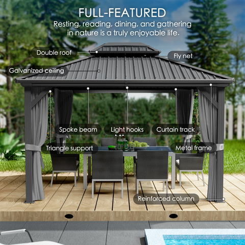 Kozyard Caesar Hardtop Gazebo - Permanent Metal Pavilion with Netting and Shaded Curtains for Patio, Backyard, Deck