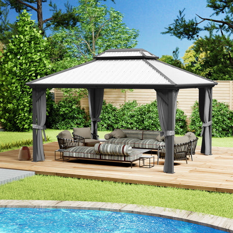Kozyard Caesar Hardtop Gazebo - Permanent Metal Pavilion with Netting and Shaded Curtains for Patio, Backyard, Deck