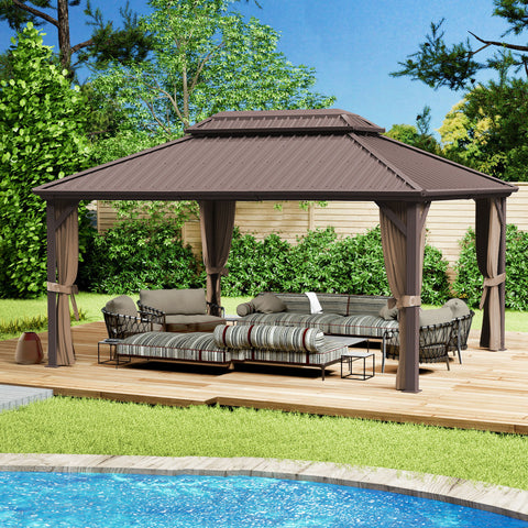 Kozyard Caesar Hardtop Gazebo - Permanent Metal Pavilion with Netting and Shaded Curtains for Patio, Backyard, Deck