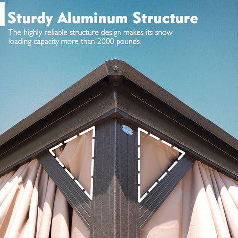 Kozyard Caesar Hardtop Gazebo - Permanent Metal Pavilion with Netting and Shaded Curtains for Patio, Backyard, Deck