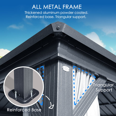 Kozyard Caesar Hardtop Gazebo - Permanent Metal Pavilion with Netting and Shaded Curtains for Patio, Backyard, Deck