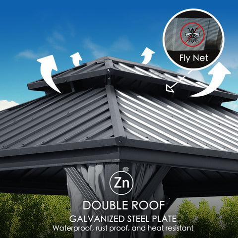 Kozyard Caesar Hardtop Gazebo - Permanent Metal Pavilion with Netting and Shaded Curtains for Patio, Backyard, Deck