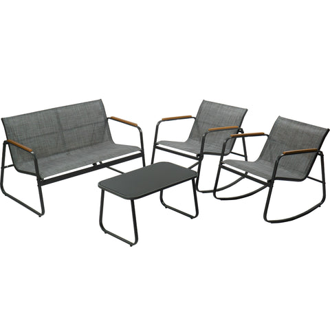 Modern Outdoor Patio Furniture Set with Sofa, Chairs, and Coffee Table
Alt Text: Modern outdoor patio furniture set featuring a grey sofa, two rocking chairs with wooden armrests, and a sleek black coffee table, perfect for garden or backyard relaxation.
Keywords: outdoor furniture, patio set, modern sofa, rocking chairs, coffee table, garden decor, backyard seating