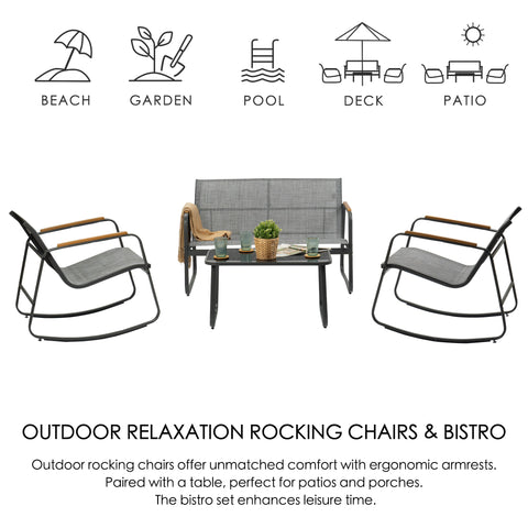 Outdoor Relaxation Rocking Chair and Bistro Set for Multiple Settings
An outdoor rocking chair and bistro set, ideal for various locations like beach, garden, pool, deck, and patio. The rocking chairs feature ergonomic armrests for comfort, enhancing leisure time. Keywords: outdoor rocking chairs, bistro set, ergonomic armrests, outdoor leisure