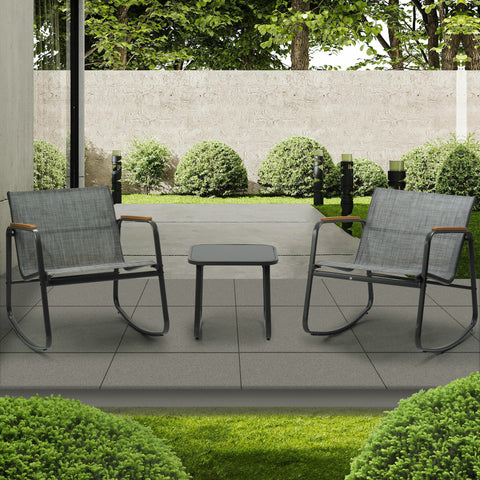 Kozyard Rocking Chair Set Outdoor Rocking Bistro Set with Wooden Armrests, Outdoor Patio Furniture Set with Glass Table